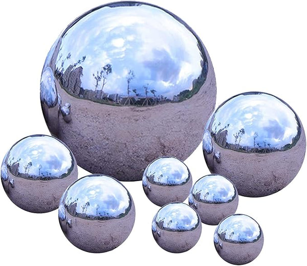 Pack of 8 Stainless Steel Gazing Balls Assorted 50-150mm Small Garden Gazing Globes Hollow Mirror Polished Reflective Spheres Seamless Floating Ball for Home Yard Pond Lawn Outdoor Decoration (Silver)