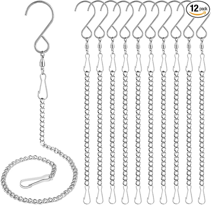 Swivel Hooks, 12 Pack 360° Hanging Swivel Hooks with 12.9in Extended Chain for Outdoor Wind Spinners, Wind Chimes, Windsock and Crystal Twisters Parts Supplies (12 Pack)