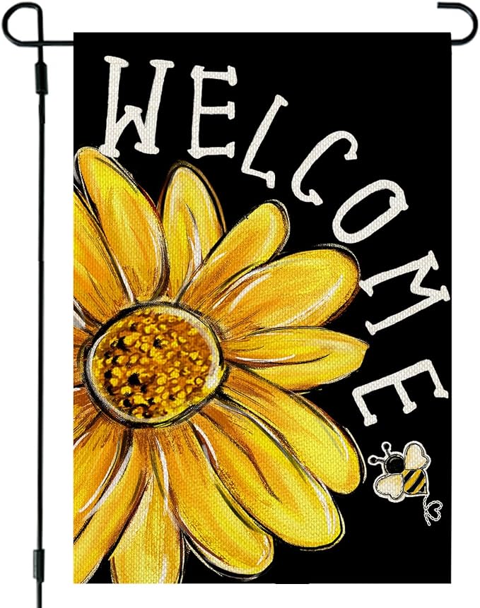 CROWNED BEAUTY Spring Summer Garden Flag Daisy Bee Welcome 12x18 Inch Double Sided Small Floral Seasonal Holiday Decoration for Outdoor Lawn Yard
