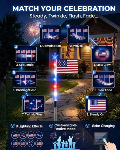 8 Piece Solar US Flag Light Set, American Flags Pole Pathway Lights, Outdoor Garden IP66 Waterproof Patriotic LED Star Stake with 8 Lighting Modes for 250th Anniversary, 4th of July Decoration