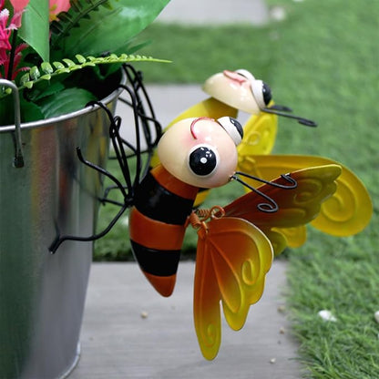 Decorative Garden Bee Sculptures, Yellow and Orange Metal Hanging Outdoor Statues (2)