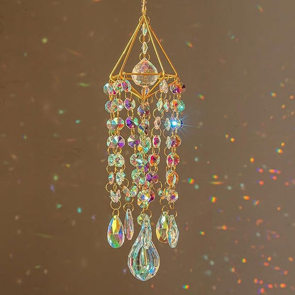 Crystal Sun Catcher Hanging Suncatchers Crystal Prisms Wind Chime Room Decor for Garden Home Windows Decoration (Colorful Gold)