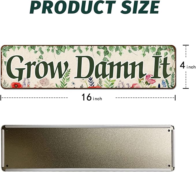 Grow Damn It! Garden Sign Mom Plaque, Gardening Signs Vintage Decor Dads Decorative Plaques, Funny Decoration Herbs Fruit Flowers Vegetables Produce Gift 4" x 16"