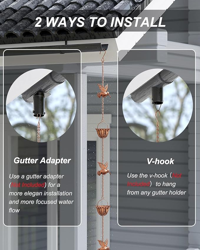 INNOWARMER 8.8ft Rain Chains for Gutters Outside, Rain Catcher Chain with 6 Metal Cups & Hummingbird Decor, Adjustable Hanging Rain Hutter Chain Downspout Substitute for Garden Drainage & Eaves