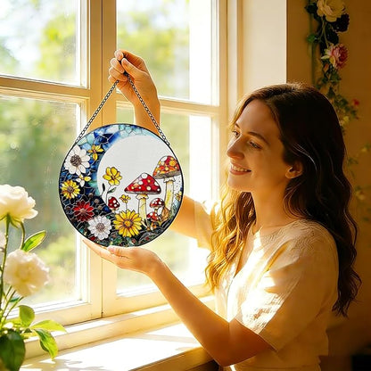 Stained Glass Window Hanging, 8 Inch Mushroom Suncatcher, Sun Catchers Indoor Window, Mushrooms Flowers Suncatchers for Windows Hanging, Spring Home Garden Decor Panel Gifts for Women Mom Grandma