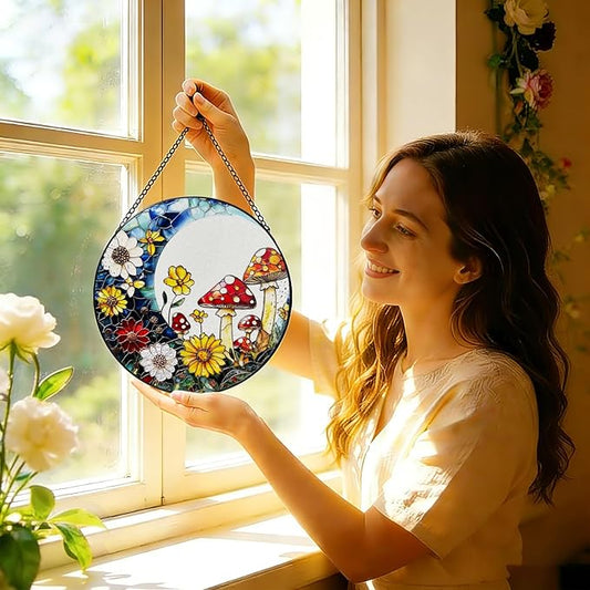 Stained Glass Window Hanging, 8 Inch Mushroom Suncatcher, Sun Catchers Indoor Window, Mushrooms Flowers Suncatchers for Windows Hanging, Spring Home Garden Decor Panel Gifts for Women Mom Grandma