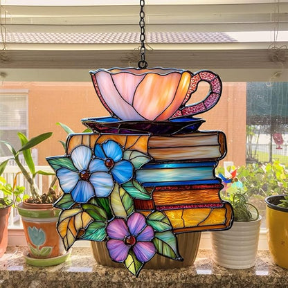 Tea and Books Acrylic Suncatcher Stained Glass Effect Window Car Hanging Christmas Ornament Indoor Outdoor Decor Garden Sun Catcher Panel for Book Lover for Women Mom Grandma