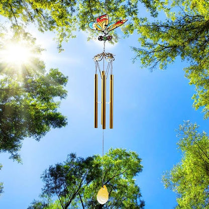 AVEKI Iron Stained Glass Butterfly Wind Chimes - 27.5''H, Gifts for Mom, Outdoor/Indoor, Home, Garden, Window, Yard, Patio, Lawn Decoration (Yellow)