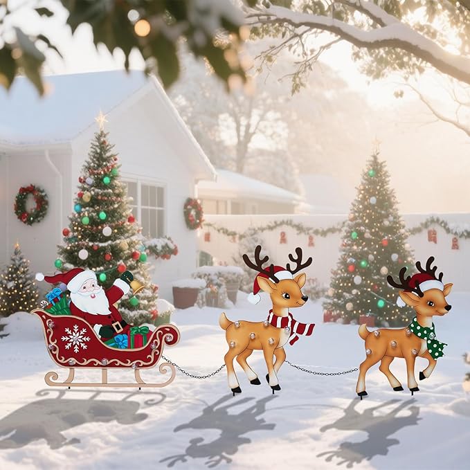 WONDER GARDEN Christmas Metal Yard Stakes, Lighted 3 Pack Christmas Garden Stakes Yard Signs, Outdoor Decorations with Santa Sleigh and Reindeer for Lawn Party Outside