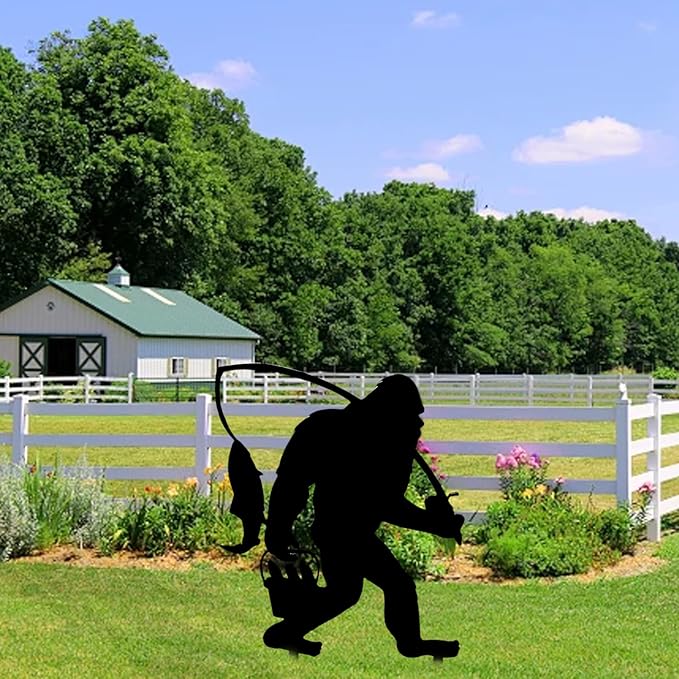 2025 Funny Bigfoot Garden Stake Metal Sign Art Yard Animal Decoration, Various Metal Sasquatch Black Big Foot Sculpture Outdoor Silhouette Statues for Garden Yard Patio Lawn (Fishing)