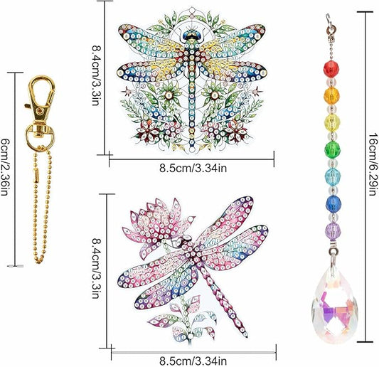 MVVMTOP 2pcs Diamond Art Painting Wind Chime with Crystal Pendant, DIY Dragonfly Double-Sided Design Special Shape Acrylic Crystal Diamond Art Ornament, Home Window Garden Hanging Pendant Decoration