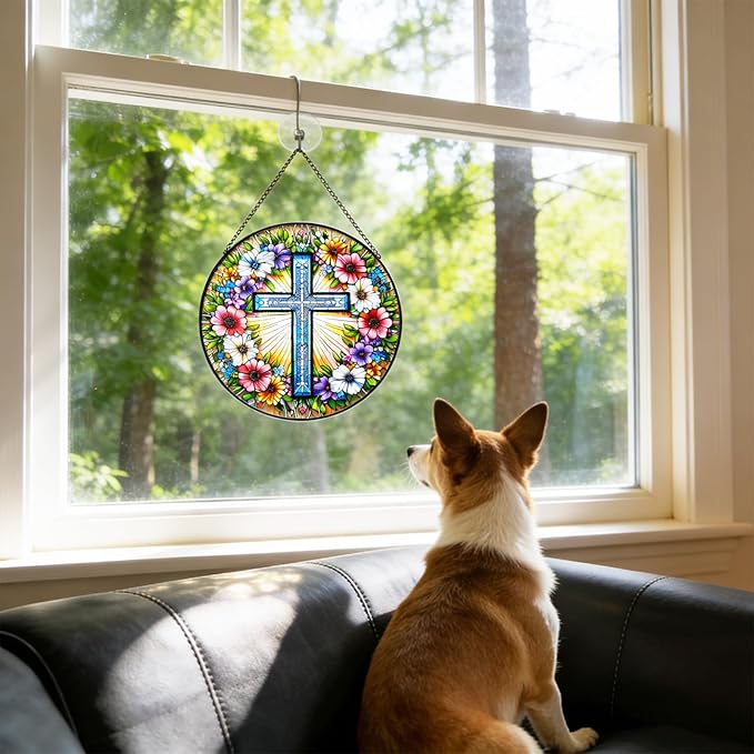Cross Flower Suncatcher Stained Glass Window Hanging, Christian Wildflower Sunset Landscape Sun Catchers Indoor Window Glass Round Wall Decor, Religious Wall Art Hanging Decorations Statues