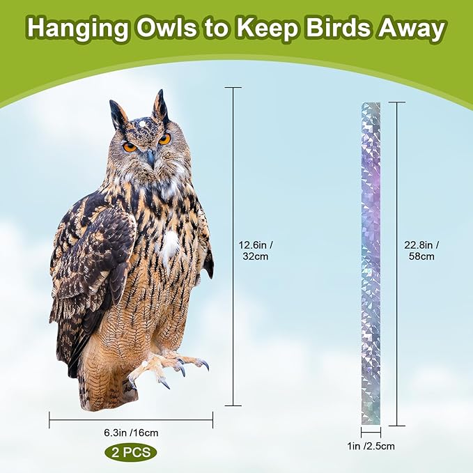 Owls to Keep Birds Away: 2 Pack Fake Owls with Reflective Tape for Garden Patio, Bird Scare Reflective Hanging Decoration to Keep Birds Pigeon from Windows Tree Garden