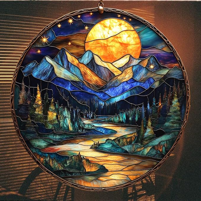 Moutain Range Acrylic Suncatcher Stained Glass Effect Window Car Hanging Christmas Ornament Indoor Outdoor Decor Garden Sun Catcher Panel for Scenery Lover for Women Mom Grandma