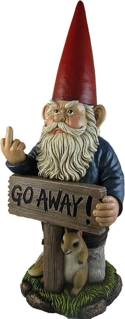 DWK Take A Hike Defiant Go Away Resin Garden Gnome Un-Welcome Sign - Red Hat Grumpy Rude Gesture Porch Statue - Standing 17.5 Inches Tall - Giving a One-Finger Salute