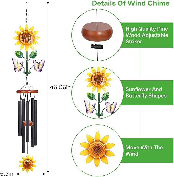 Sunflower Wind Chimes with Spinning Butterflies for Outside Hanging Garden Decor, Black Aluminum Tubes, Floral Wind Chimes for Yard, Porch, Patio, or Balcony for Women Mom Grandmom