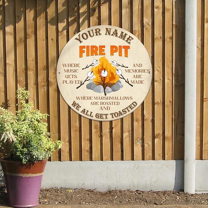 MeMate Personalized Name Signs - Customized Metal Signs for Backyard & Patio Decor, Marshmallow Toasting, Camping