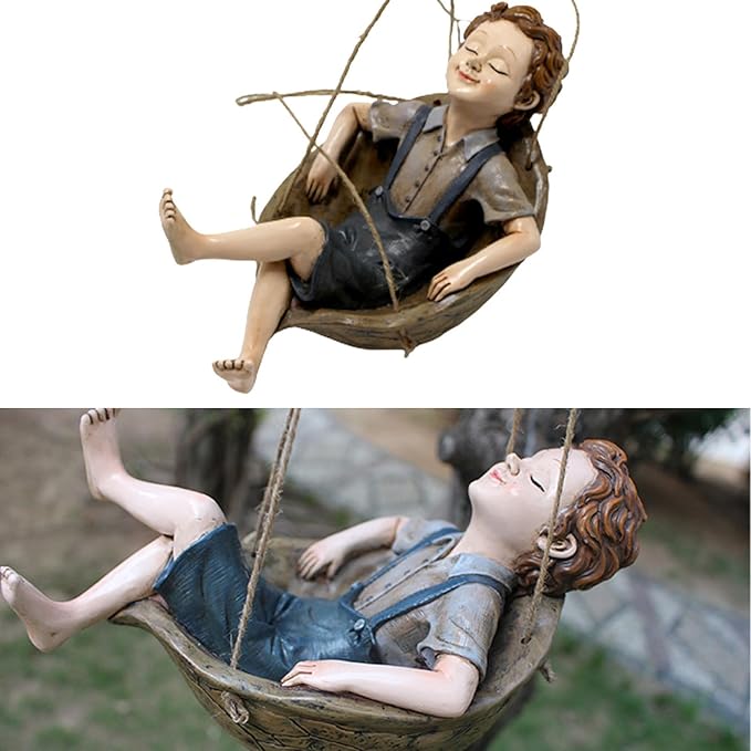 Swing Statue Tree Hanging Ornament Sleeping Boy Look Swinging Figurine Sculpture Decor for Outdoor Garden Courtyard