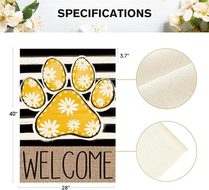 AVOIN colorlife Yellow Paw Print Spring House Flag 28x40 Inch Double Sided Outside, Daisy Floral Welcome Stripes Yard Outdoor Flag