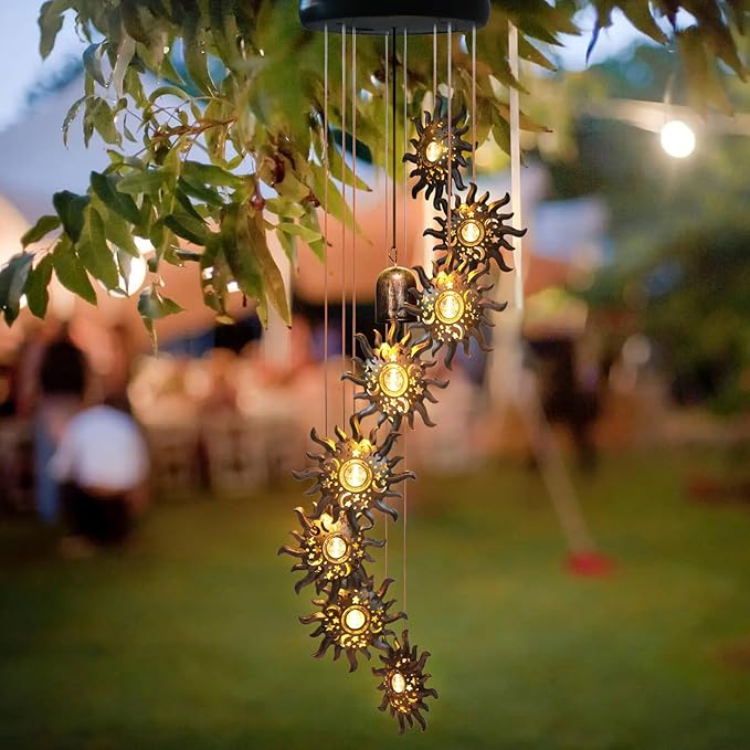 8 LED Solar Upgarde Sun Moon Star Wind Chimes Outdoor,Mom Gifts for Mothers Day Grandma Gift Sun Wind Chimes for Outside,Hanging Lights Warm LED,Outdoor Sun Decor,Gifts for Wife