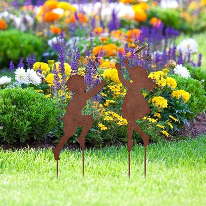 Vintage Metal Garden Silhouette Sculpture,1 Pair Boy Girl Catching Butterfly Metal Decorative Garden Stakes Outdoor Garden Decor Boy Girl Silhouette Yard Art Stakes Spring Decor