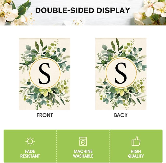 AVOIN colorlife Monogram Letter S Floral House Flag 28x40 Inch Double Sided Outside, Family Last Name Initial Yard Outdoor Decoration