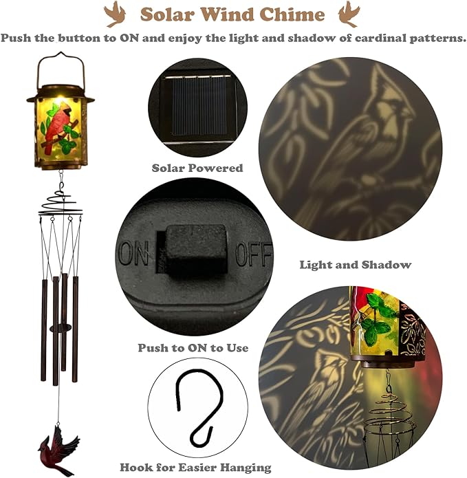 Solar Wind Chimes for Outdoor, Cardinal Garden Decorations Memorial Wind Chimes Deep Tone, Sympathy Windchimes for Outside Garden Décor, Gifts for Mom, Grandma-Cardinal