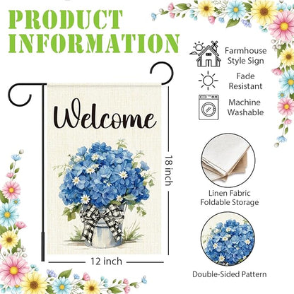 Blue Hydrangeas Spring Garden Flags for Outside,Welcome Spring Yard Flag for Porch Lawn Outside Decor 12x18 Inch Double Sided