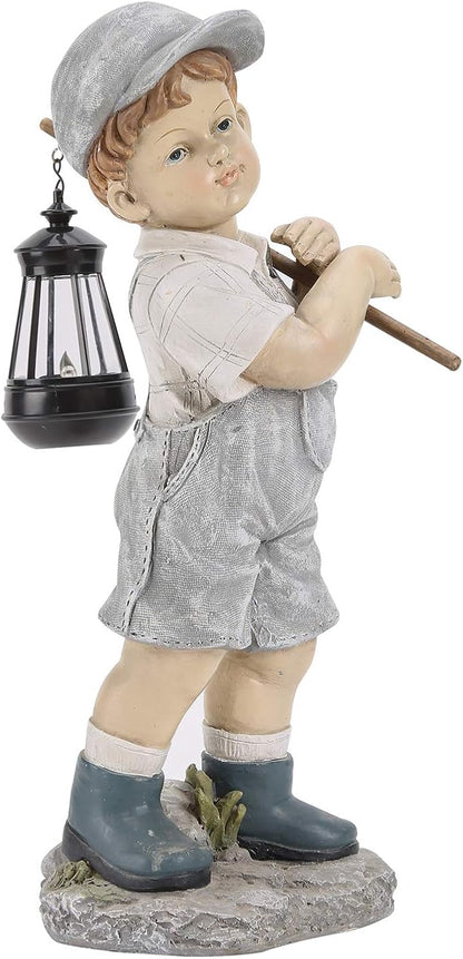 Solar Boy Statue, Boy Garden Statues with Solar Lantern for Garden, Patio, Lawn, Yard, Housewarming, Hand-Painted Sculpted Figure, 17.5”H