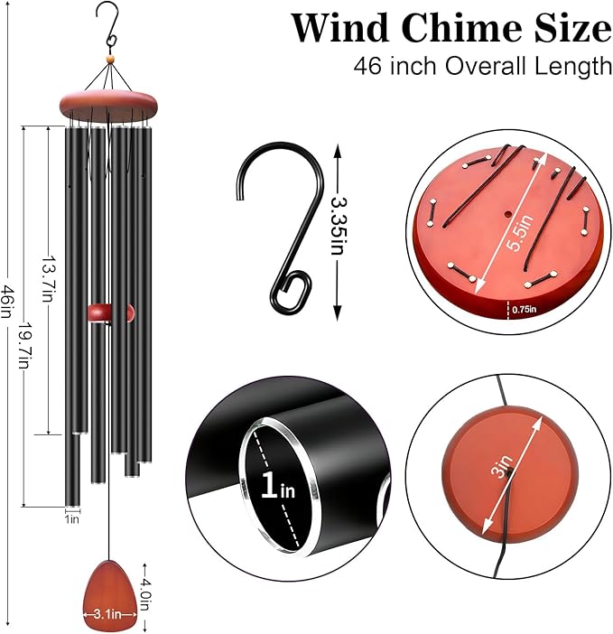 WENANA Large Wind Chimes for Outside Deep Tone, Soothing Melodic Memorial Sympathy Wind Chime, Suitable Outdoor Garden Decor, Gift for Mom Women Neighbors (Black Wind Chime -46 in)