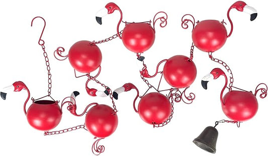 90-Inch Metal Rain Chain with 8 Portly Flamingos, 7 Inches Long Each, Muted Red Finish, Decorative Downspout Alternative for Rainwater Collection, Outdoor Garden Décor
