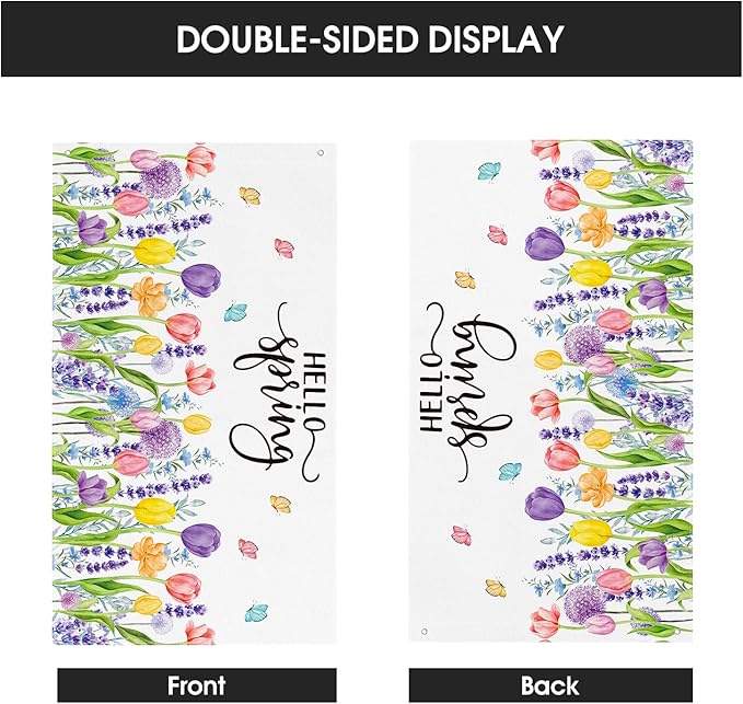 AVOIN colorlife Hello Spring Tulip Lavender House Flag 3x5 FT Double Sided, Seasonal Flower Large Banner Yard Outdoor Flag