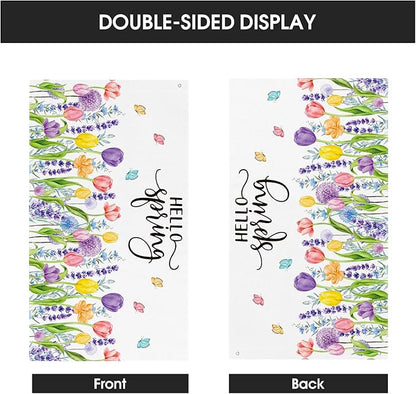 AVOIN colorlife Hello Spring Tulip Lavender House Flag 3x5 FT Double Sided, Seasonal Flower Large Banner Yard Outdoor Flag