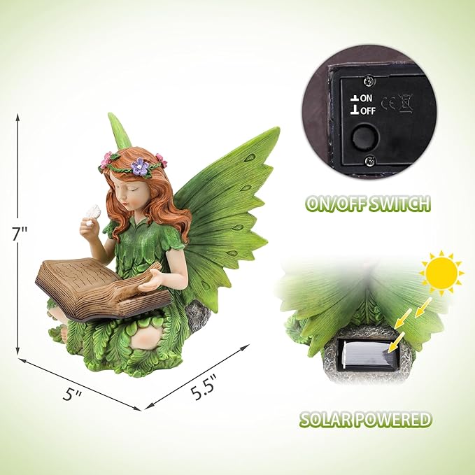 Afirst Solar Garden Fairy Statue, Green Fairy Solar Light Outdoor Resin Statues Figurine Light, Angel Reading Book Sculpture Solar Light for Outside Patio Garden Yard Lawn Decor