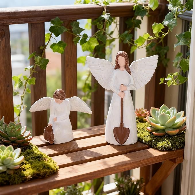 Garden Angel Statues of Set 2, Gardening Gifts for Women Figurines, Unique for Mom Sisters Grandma Friends, Gift to Celebrate Friendships