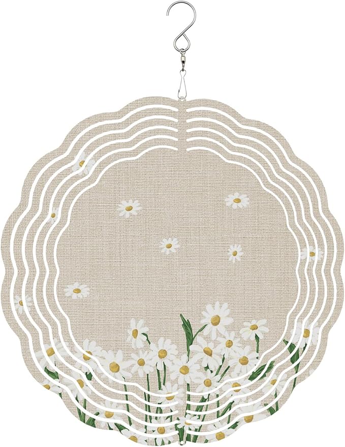 Vintage Daisy Flowers Wind Spinners for Yard and Garden Decor, Spring Floral White Beige Wind Spinner Hanging Outdoor Metal Art Outside Decorations 3D Garden Wind Sculpture 10inch