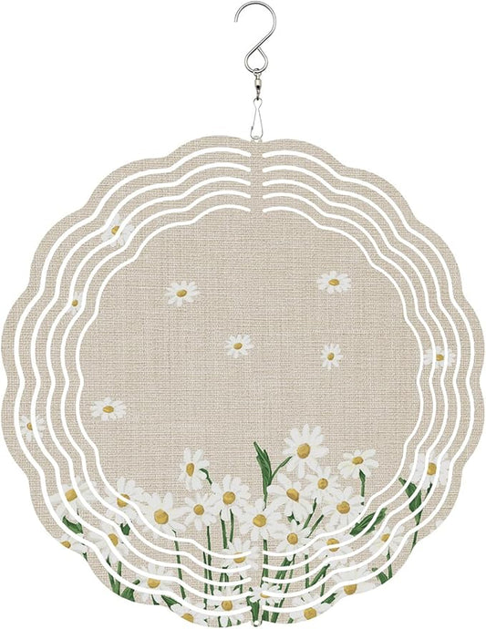 Vintage Daisy Flowers Wind Spinners for Yard and Garden Decor, Spring Floral White Beige Wind Spinner Hanging Outdoor Metal Art Outside Decorations 3D Garden Wind Sculpture 10inch