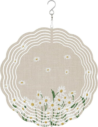 Vintage Daisy Flowers Wind Spinners for Yard and Garden Decor, Spring Floral White Beige Wind Spinner Hanging Outdoor Metal Art Outside Decorations 3D Garden Wind Sculpture 8inch