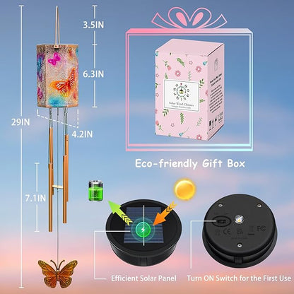 Solar Wind Chimes for Outside, Butterfly Gifts Women 3D Multicolor Waterproof Solar Lantern Chimes Outdoor Lights Hanging Decor for Garden, Porch, Yard Gifts for Mom Grandma