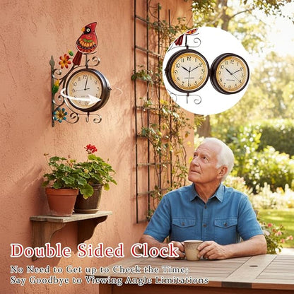 Vintage Indoor Outdoor Clock - Silent Non-Ticking, Double Sided Wall Clock with Cardinal Decor Waterproof for Garden, Patio, Yard, Farmhouse, Home Décor (Red)