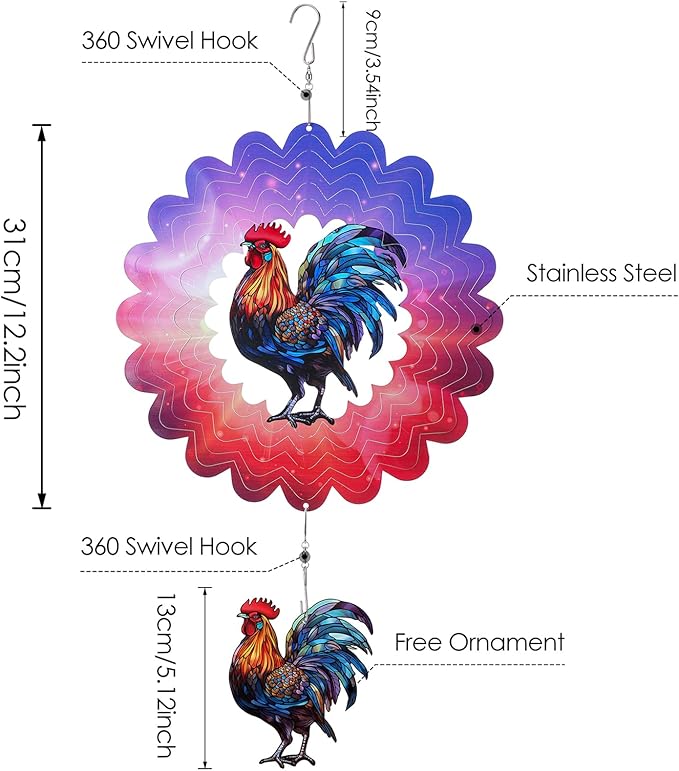 Rooster Hanging Wind Spinner Outdoor - 12 Inches Stainless Steel Wind Sculpture Aesthetic Wind Chime Chicken Farmhouse Art Ornaments for Garden Yard Balcony Patio Lawn Yard Decorations