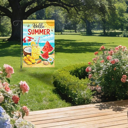 Nuxovilar Summer Garden Flag Hello Summer Lemon Watermelon Beach Pattern Polyester 12x18 Inches Garden Flags for Outside Seasonal Decor Yard Porch Lawn