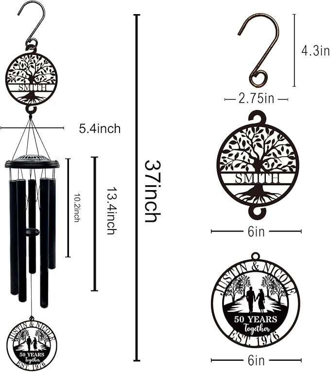 Personalized 50th Anniversary Wind Chimes, 37" Golden Wedding Wind Chime with Custom Family Name Metal Sign,50 Years Together Gift for Parents Grandparents Couples, Outdoor Garden Decor
