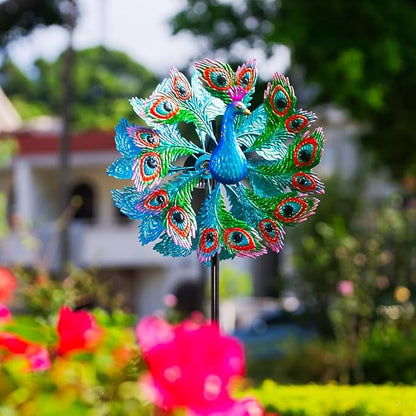 Wind Spinners Outdoor Peacock, 63 Inch Double-Sided Garden Windmill for Yard with 8 Blue Feather Blades, Large Metal Garden Wind Spinner