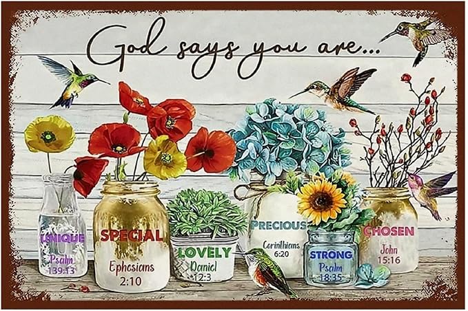 Flowers Metal Poster, Country Rustic Tin Sign, Birds God Says You are, Yard Garage Farm Outside Garden Wall Decor Plaque Outdoor for Home Fence 8 X 12 Inch