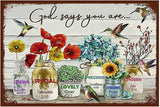 Flowers Metal Poster, Country Rustic Tin Sign, Birds God Says You are, Yard Garage Farm Outside Garden Wall Decor Plaque Outdoor for Home Fence 8 X 12 Inch
