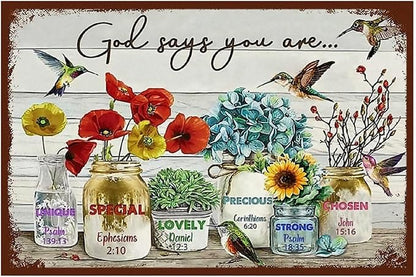 Flowers Metal Poster, Country Rustic Tin Sign, Birds God Says You are, Yard Garage Farm Outside Garden Wall Decor Plaque Outdoor for Home Fence 8 X 12 Inch
