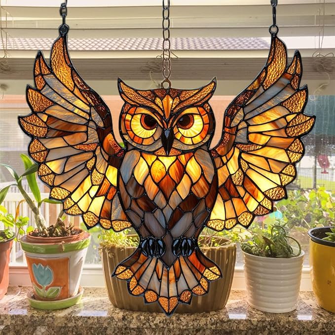 Owl Faux Tiffany Acrylic Suncatcher Stained Glass Effect Window Car Hanging Christmas Ornament Indoor Outdoor Decor Garden Sun Catcher Panel for Owl Lover for Women Mom Grandma