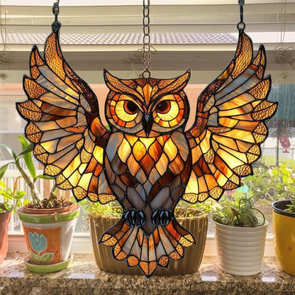 Owl Faux Tiffany Acrylic Suncatcher Stained Glass Effect Window Car Hanging Christmas Ornament Indoor Outdoor Decor Garden Sun Catcher Panel for Owl Lover for Women Mom Grandma