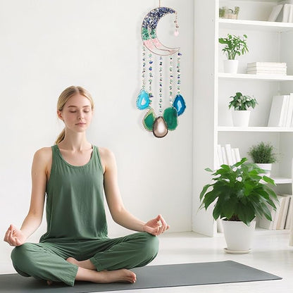 Yoption Lapis Lazuli Moon Tree of Life Agate Slice Wind Chime, Handmade Healing Crystal Stone Wind Chime for Home Wall Garden Decorative Ornament, Unique Gift